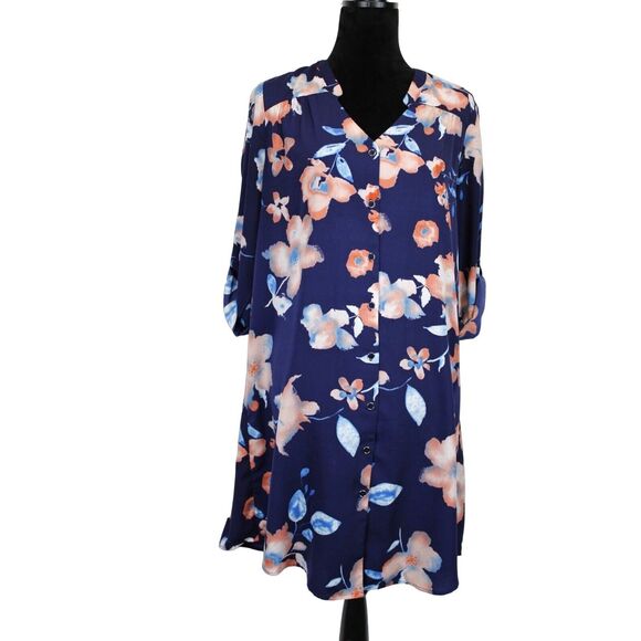 41 Hawthorn Dresses & Skirts - 41HAWTHORN Shirtdress Women Lg Button Front Roll Tab Sleeve Blue Pink Floral